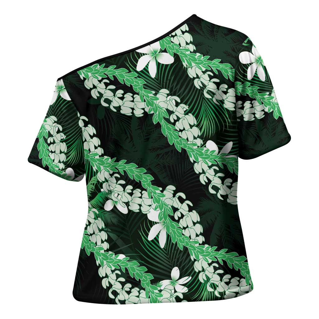 Puakenikeni Maile Lei Cross Shoulder Shirt Frangipani Green Tropical Leaves LT01 - Polynesian Pride
