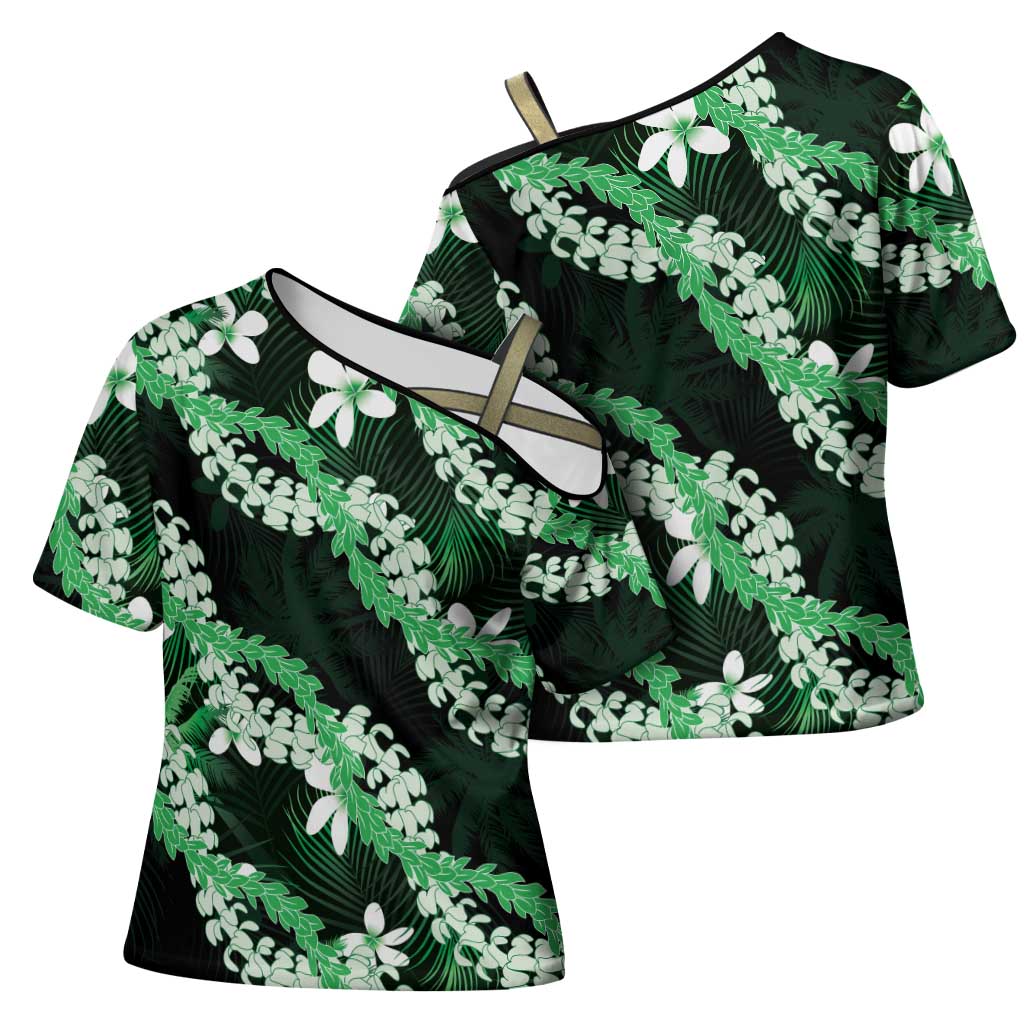 Puakenikeni Maile Lei Cross Shoulder Shirt Frangipani Green Tropical Leaves LT01 - Polynesian Pride