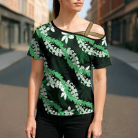 Puakenikeni Maile Lei Cross Shoulder Shirt Frangipani Green Tropical Leaves LT01 - Polynesian Pride