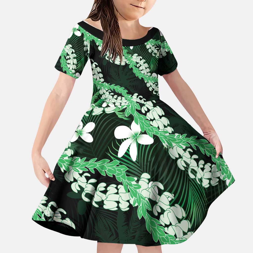 Puakenikeni Maile Lei Family Matching Long Sleeve Bodycon Dress and Hawaiian Shirt Frangipani Green Tropical Leaves LT01 Daughter's Dress Green - Polynesian Pride