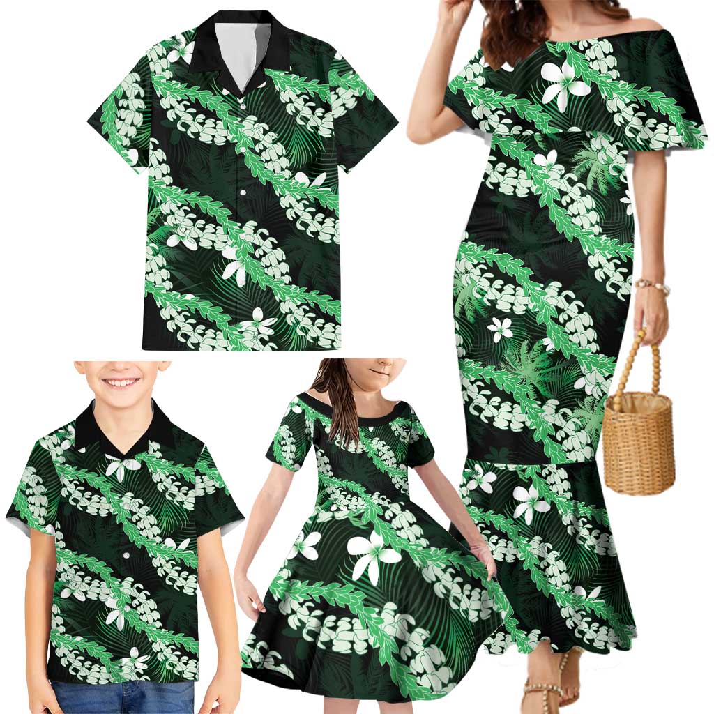 Puakenikeni Maile Lei Family Matching Mermaid Dress and Hawaiian Shirt Frangipani Green Tropical Leaves LT01 - Polynesian Pride