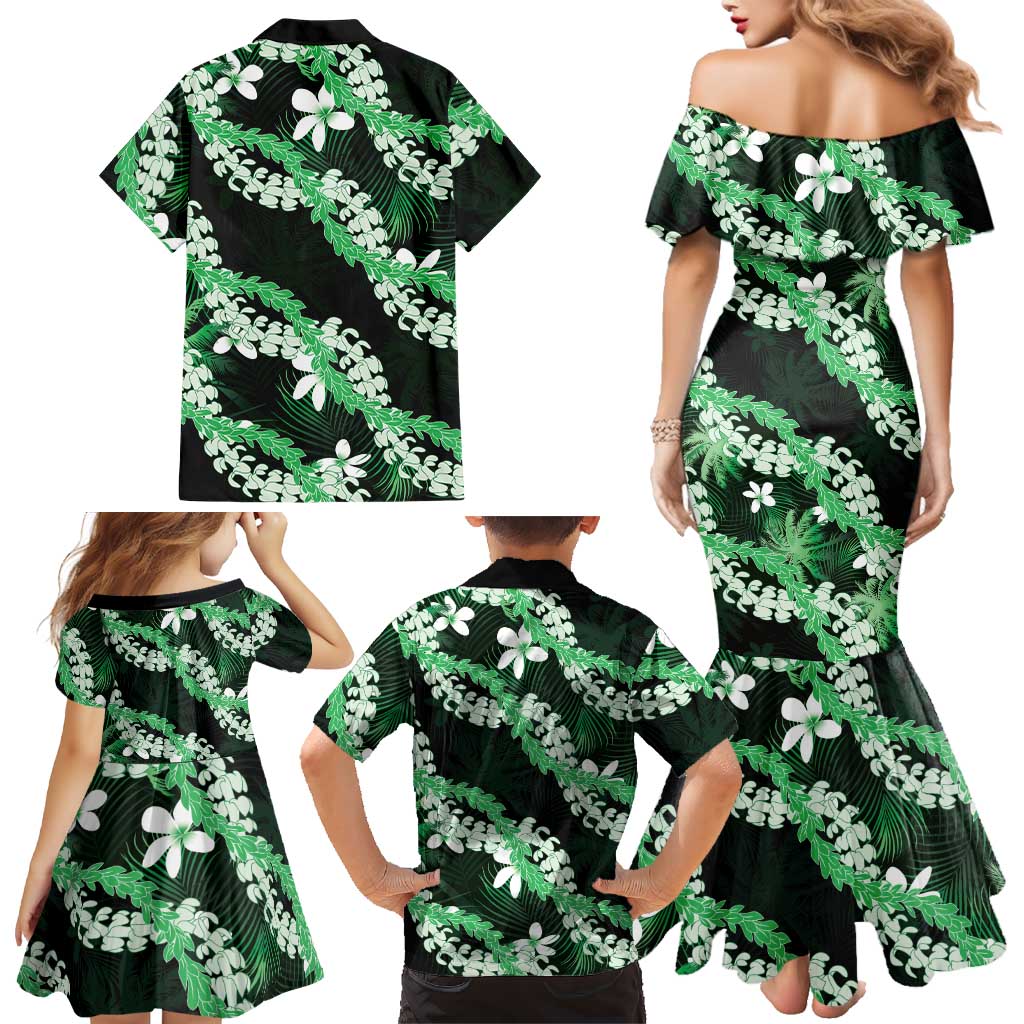 Puakenikeni Maile Lei Family Matching Mermaid Dress and Hawaiian Shirt Frangipani Green Tropical Leaves LT01 - Polynesian Pride