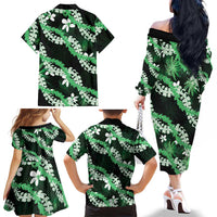 Puakenikeni Maile Lei Family Matching Off The Shoulder Long Sleeve Dress and Hawaiian Shirt Frangipani Green Tropical Leaves LT01 - Polynesian Pride