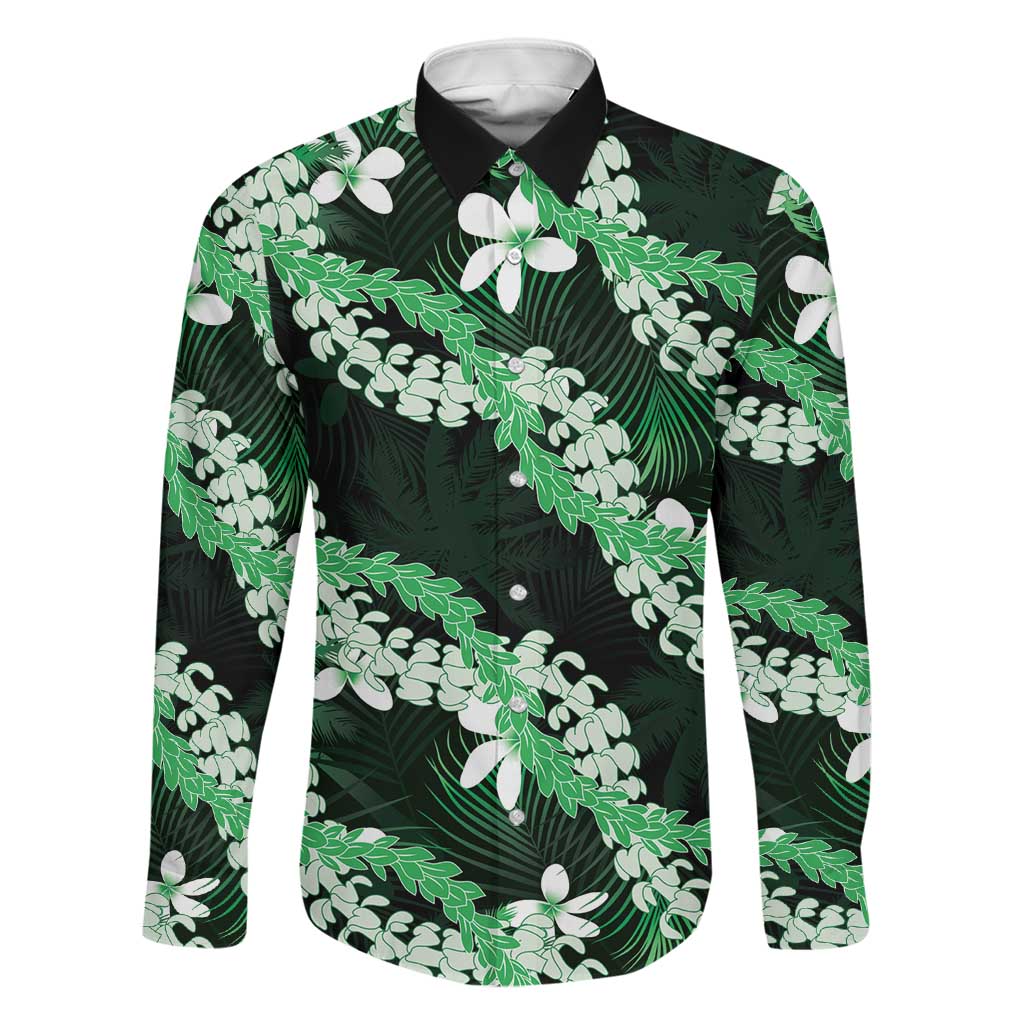 Puakenikeni Maile Lei Family Matching Off Shoulder Maxi Dress and Hawaiian Shirt Frangipani Green Tropical Leaves LT01 Dad's Shirt - Long Sleeve Green - Polynesian Pride