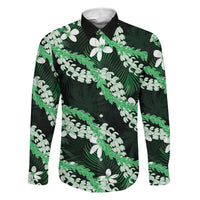 Puakenikeni Maile Lei Family Matching Off Shoulder Maxi Dress and Hawaiian Shirt Frangipani Green Tropical Leaves LT01 Dad's Shirt - Long Sleeve Green - Polynesian Pride