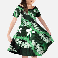 Puakenikeni Maile Lei Family Matching Off Shoulder Short Dress and Hawaiian Shirt Frangipani Green Tropical Leaves LT01 Daughter's Dress Green - Polynesian Pride