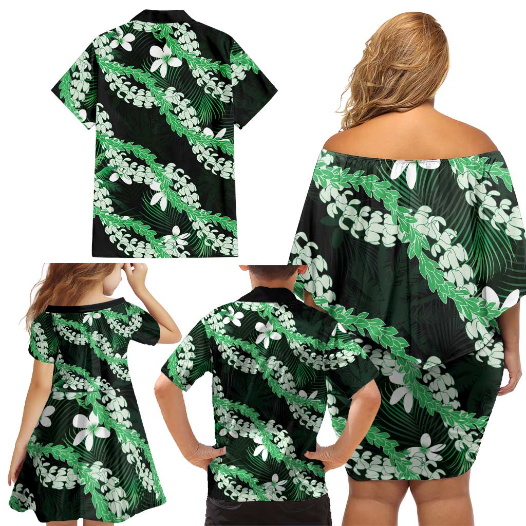 Puakenikeni Maile Lei Family Matching Off Shoulder Short Dress and Hawaiian Shirt Frangipani Green Tropical Leaves LT01 - Polynesian Pride
