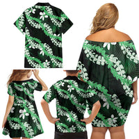 Puakenikeni Maile Lei Family Matching Off Shoulder Short Dress and Hawaiian Shirt Frangipani Green Tropical Leaves LT01 - Polynesian Pride