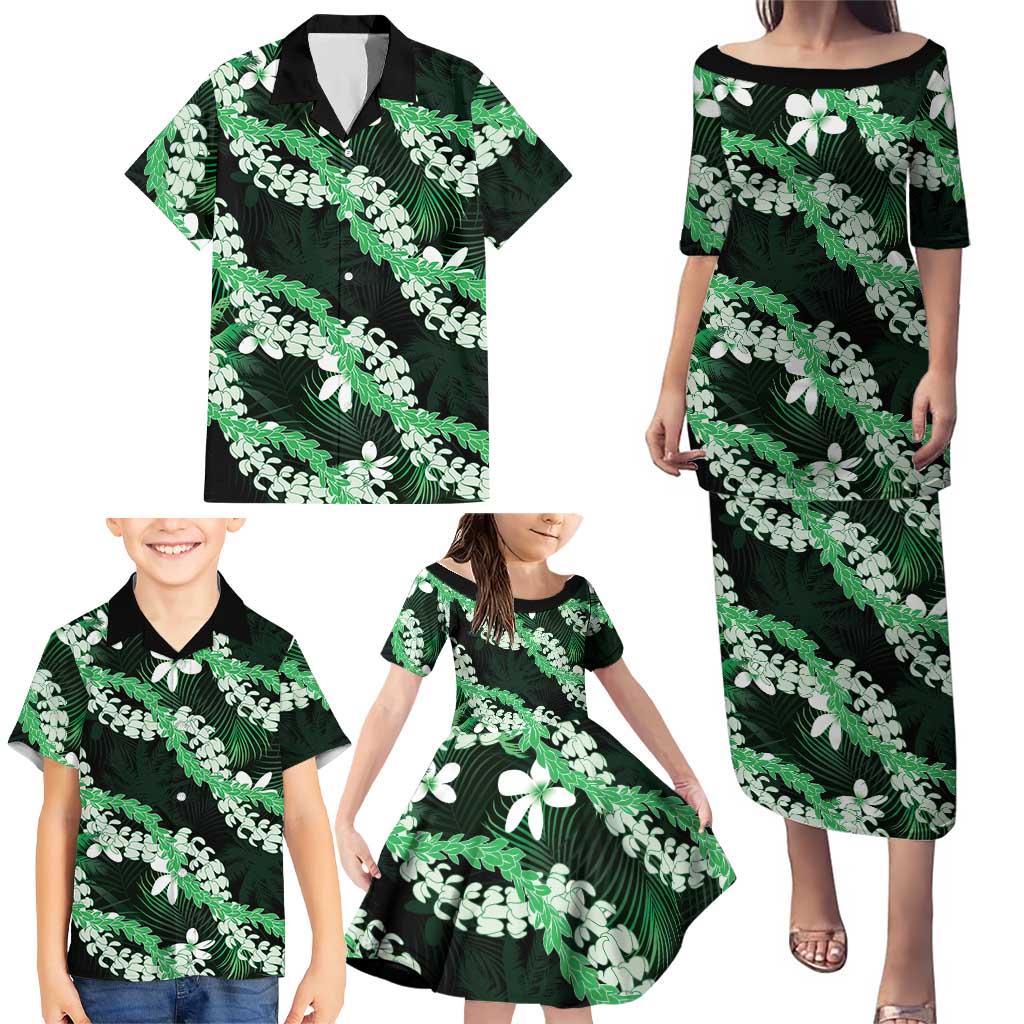 Puakenikeni Maile Lei Family Matching Puletasi and Hawaiian Shirt Frangipani Green Tropical Leaves