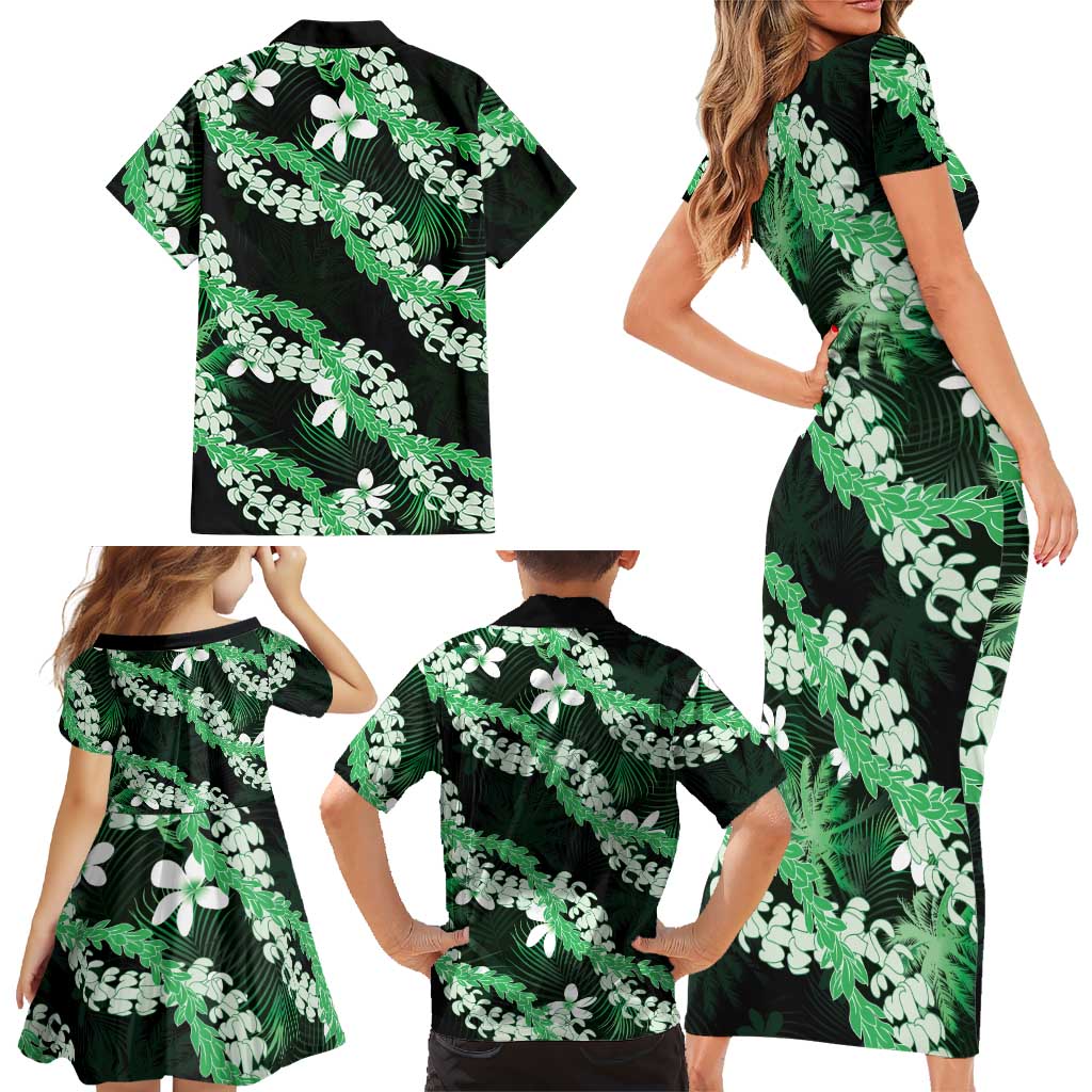 Puakenikeni Maile Lei Family Matching Short Sleeve Bodycon Dress and Hawaiian Shirt Frangipani Green Tropical Leaves LT01 - Polynesian Pride