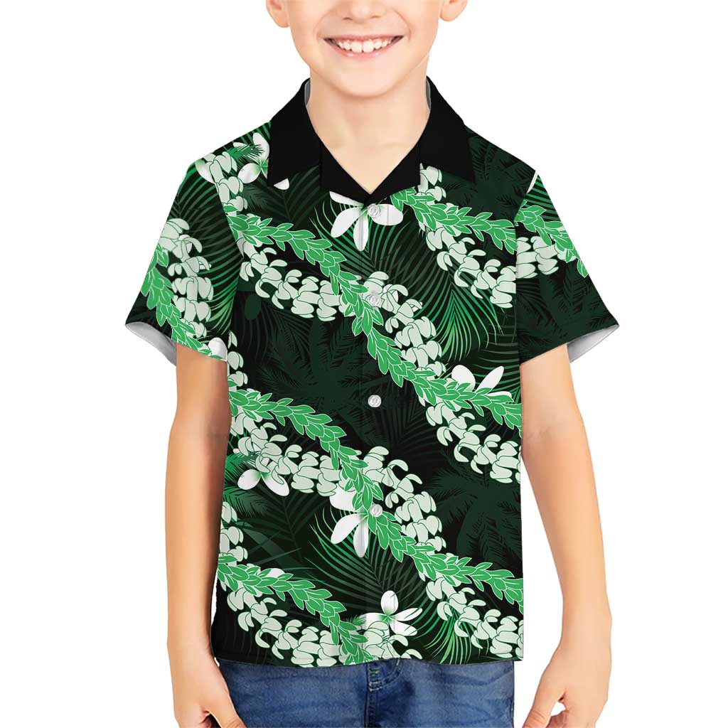 Puakenikeni Maile Lei Kid Hawaiian Shirt Frangipani Green Tropical Leaves LT01 Kid Green - Polynesian Pride