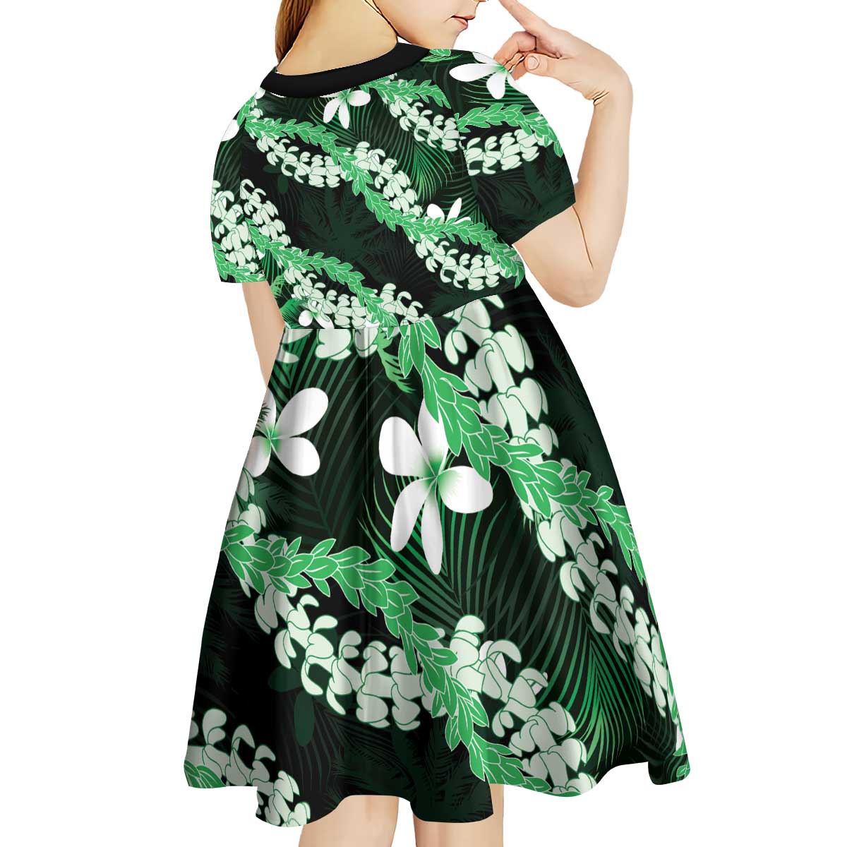 Puakenikeni Maile Lei Kid Short Sleeve Dress Frangipani Green Tropical Leaves LT01 - Polynesian Pride