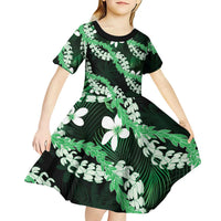 Puakenikeni Maile Lei Kid Short Sleeve Dress Frangipani Green Tropical Leaves LT01 - Polynesian Pride
