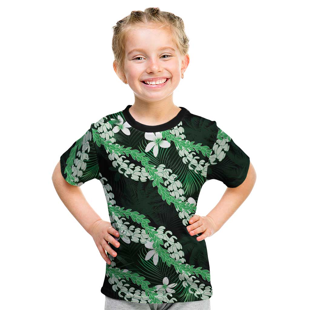 Puakenikeni Maile Lei Kid T Shirt Frangipani Green Tropical Leaves LT01 Green - Polynesian Pride
