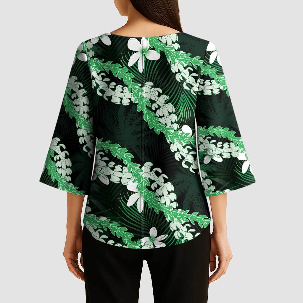 Puakenikeni Maile Lei Kimono Sleeve Blouse Frangipani Green Tropical Leaves