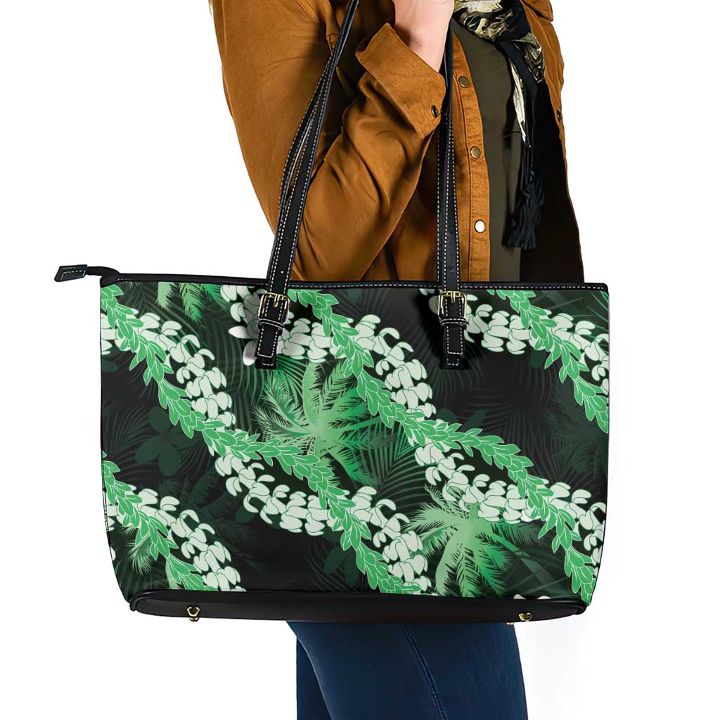 Puakenikeni Maile Lei Leather Tote Bag Frangipani Green Tropical Leaves