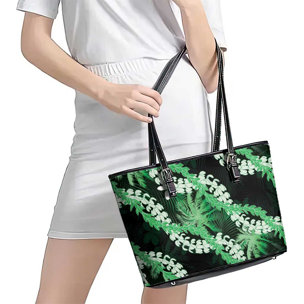 Puakenikeni Maile Lei Leather Tote Bag Frangipani Green Tropical Leaves