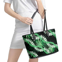 Puakenikeni Maile Lei Leather Tote Bag Frangipani Green Tropical Leaves