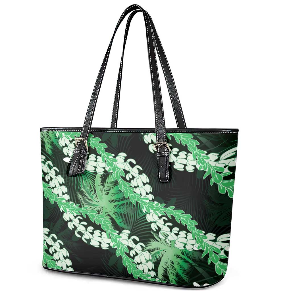 Puakenikeni Maile Lei Leather Tote Bag Frangipani Green Tropical Leaves