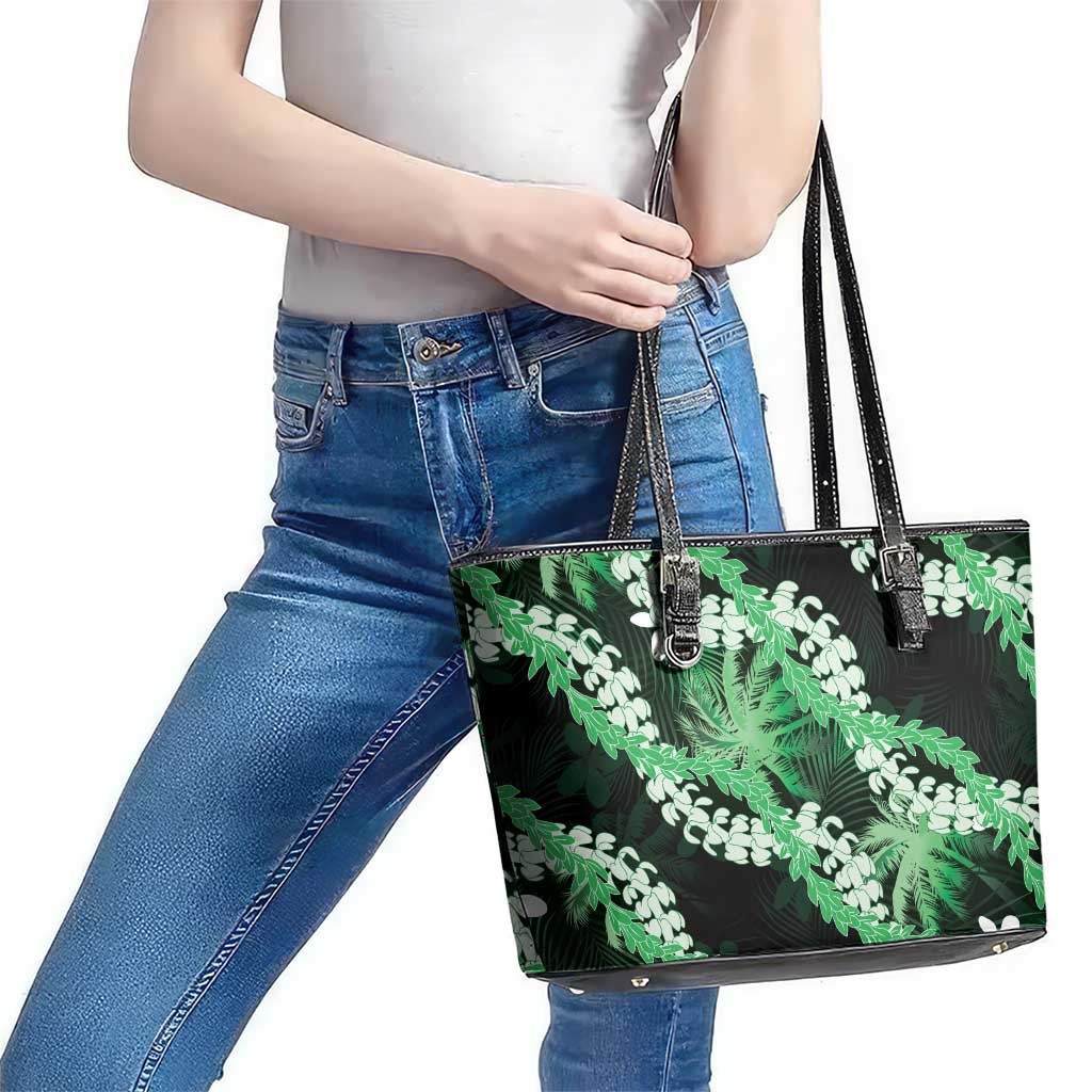 Puakenikeni Maile Lei Leather Tote Bag Frangipani Green Tropical Leaves