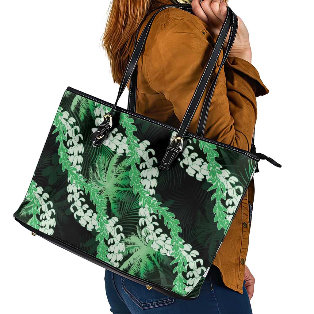Puakenikeni Maile Lei Leather Tote Bag Frangipani Green Tropical Leaves