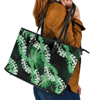 Puakenikeni Maile Lei Leather Tote Bag Frangipani Green Tropical Leaves