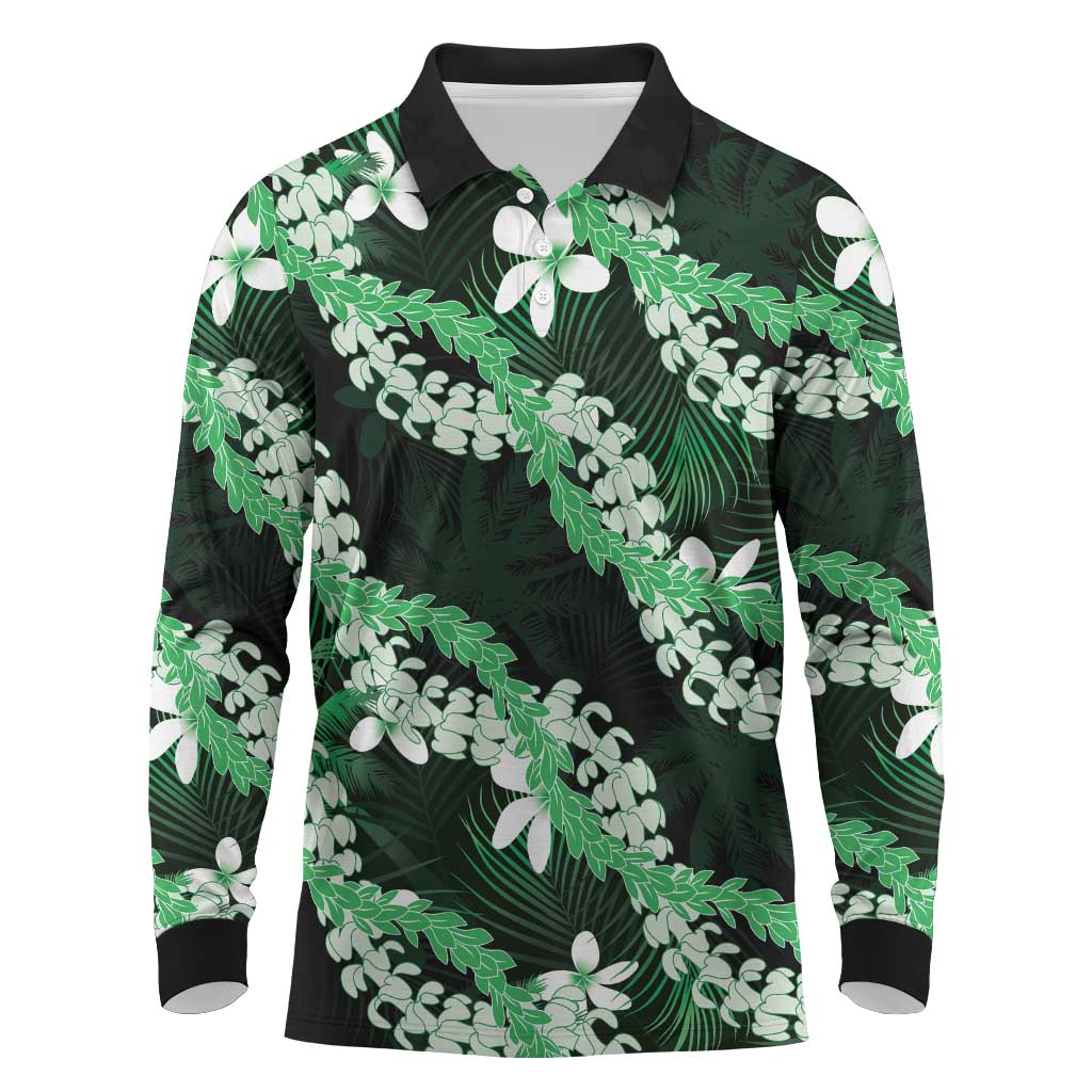 Puakenikeni Maile Lei Long Sleeve Polo Shirt Frangipani Green Tropical Leaves LT01 Green - Polynesian Pride