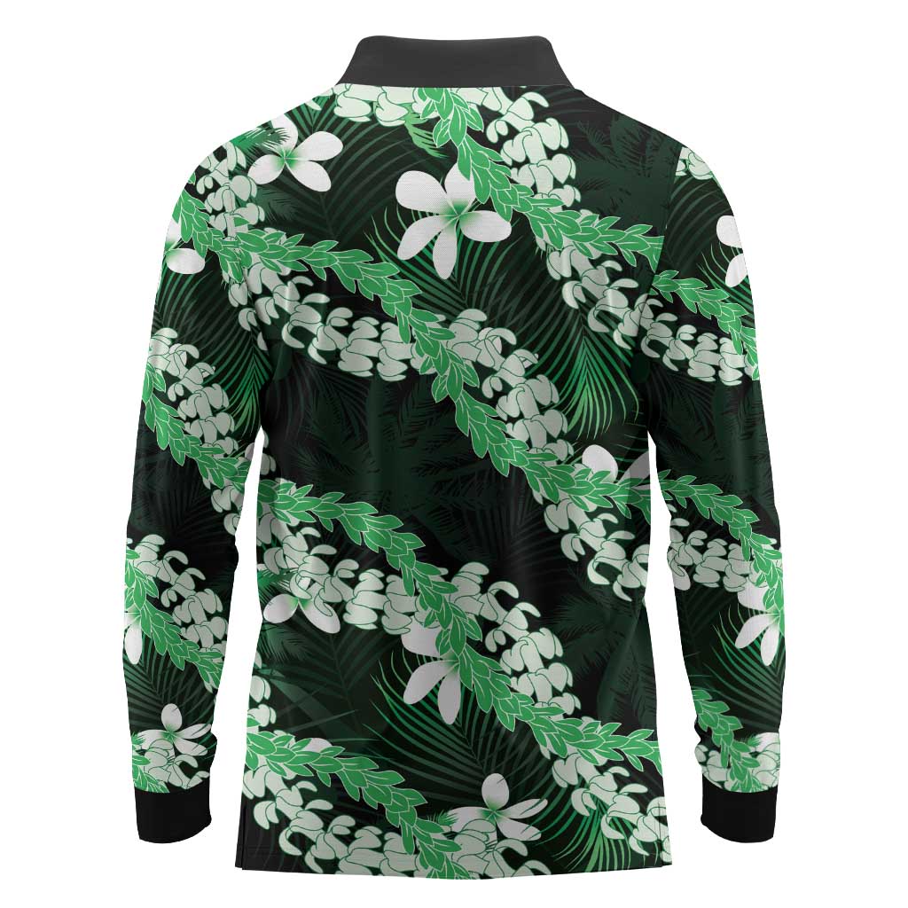 Puakenikeni Maile Lei Long Sleeve Polo Shirt Frangipani Green Tropical Leaves LT01 - Polynesian Pride