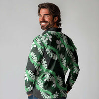 Puakenikeni Maile Lei Long Sleeve Polo Shirt Frangipani Green Tropical Leaves LT01 - Polynesian Pride