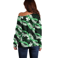Puakenikeni Maile Lei Off Shoulder Sweater Frangipani Green Tropical Leaves