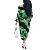 Puakenikeni Maile Lei Off The Shoulder Long Sleeve Dress Frangipani Green Tropical Leaves