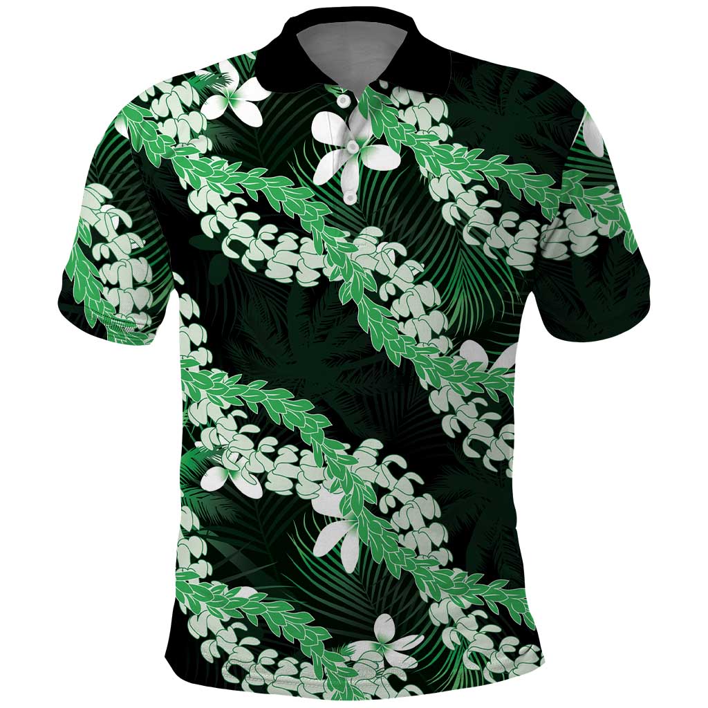 Puakenikeni Maile Lei Polo Shirt Frangipani Green Tropical Leaves