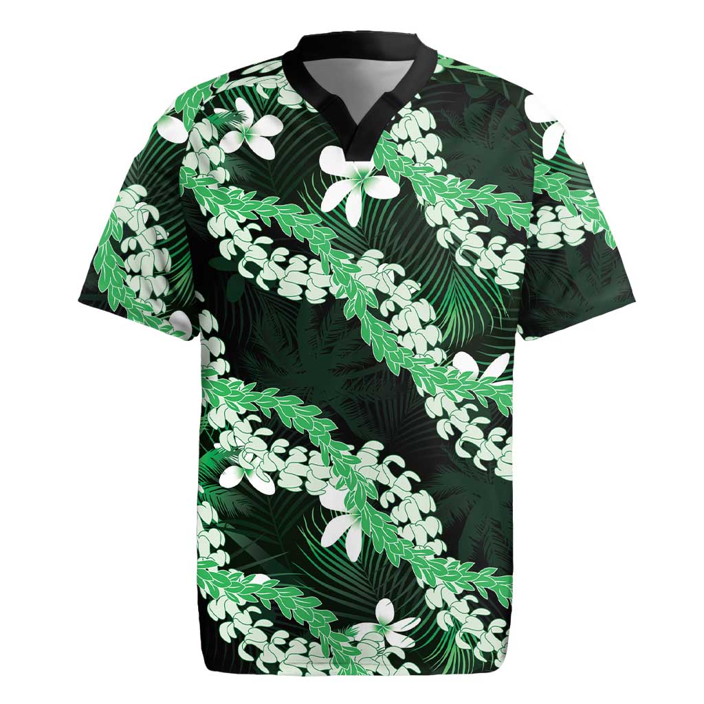 Puakenikeni Maile Lei Rugby Jersey Frangipani Green Tropical Leaves LT01 Green - Polynesian Pride