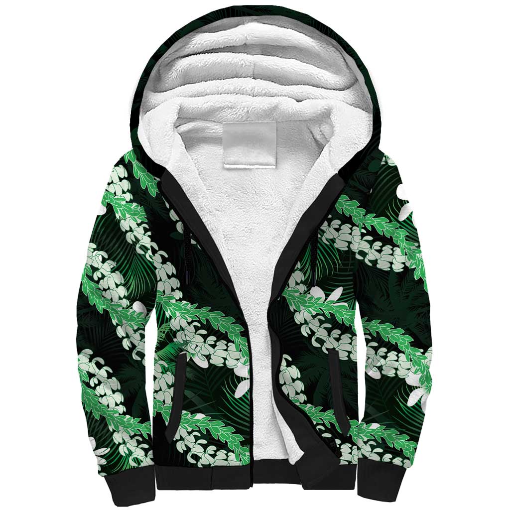 Puakenikeni Maile Lei Sherpa Hoodie Frangipani Green Tropical Leaves