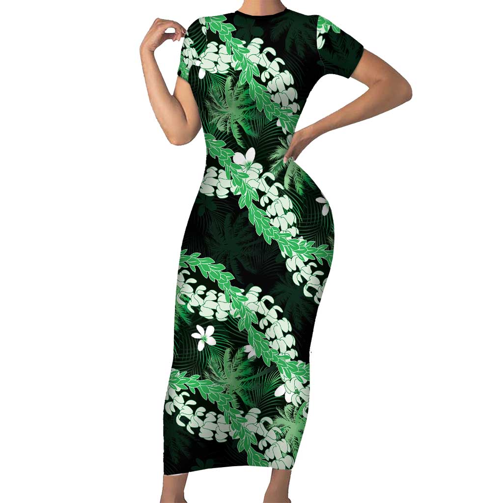 Puakenikeni Maile Lei Short Sleeve Bodycon Dress Frangipani Green Tropical Leaves