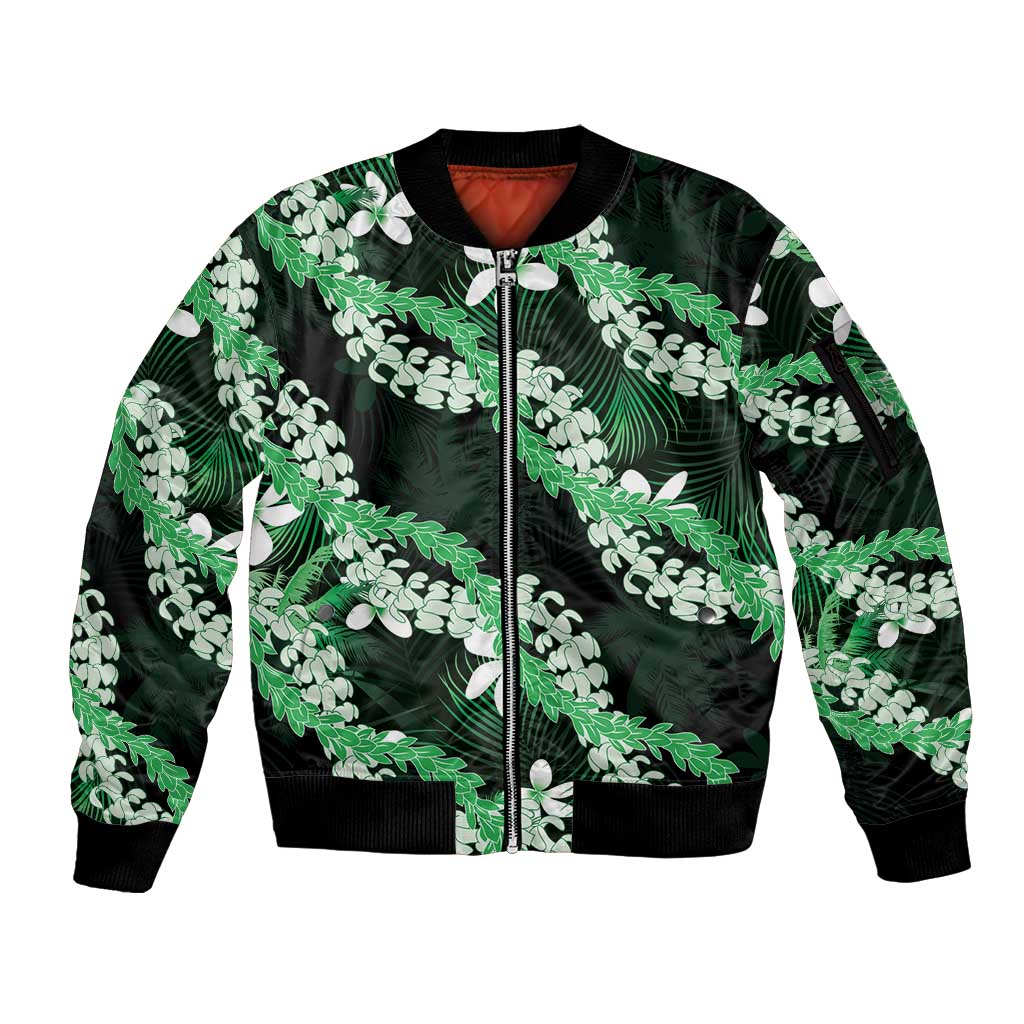 Puakenikeni Maile Lei Sleeve Zip Bomber Jacket Frangipani Green Tropical Leaves LT01 Unisex Green - Polynesian Pride