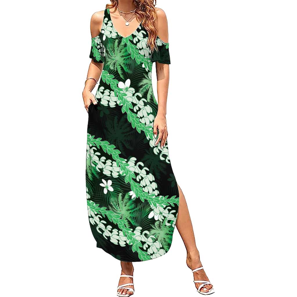 Puakenikeni Maile Lei Summer Maxi Dress Frangipani Green Tropical Leaves LT01 Women Green - Polynesian Pride
