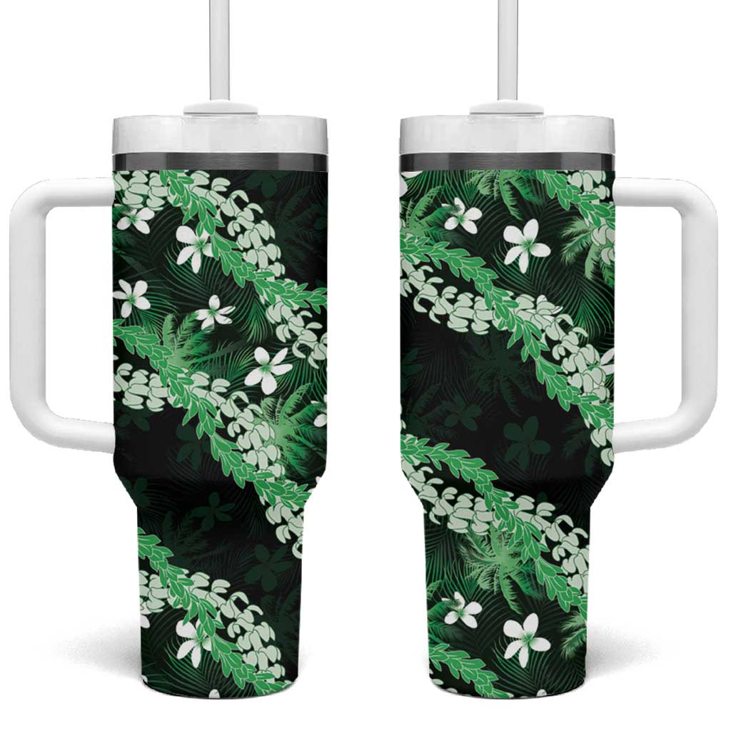 Puakenikeni Maile Lei Tumbler With Handle Frangipani Green Tropical Leaves