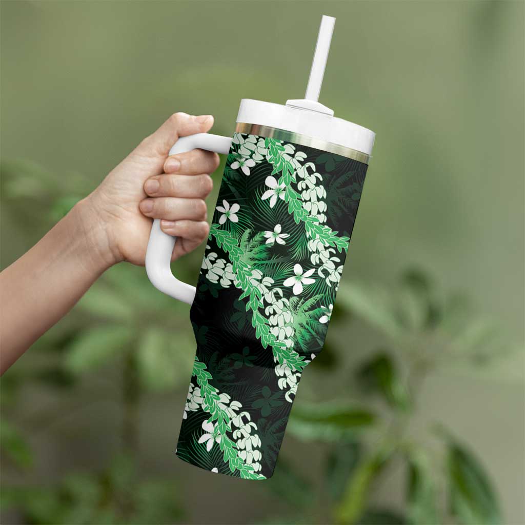 Puakenikeni Maile Lei Tumbler With Handle Frangipani Green Tropical Leaves