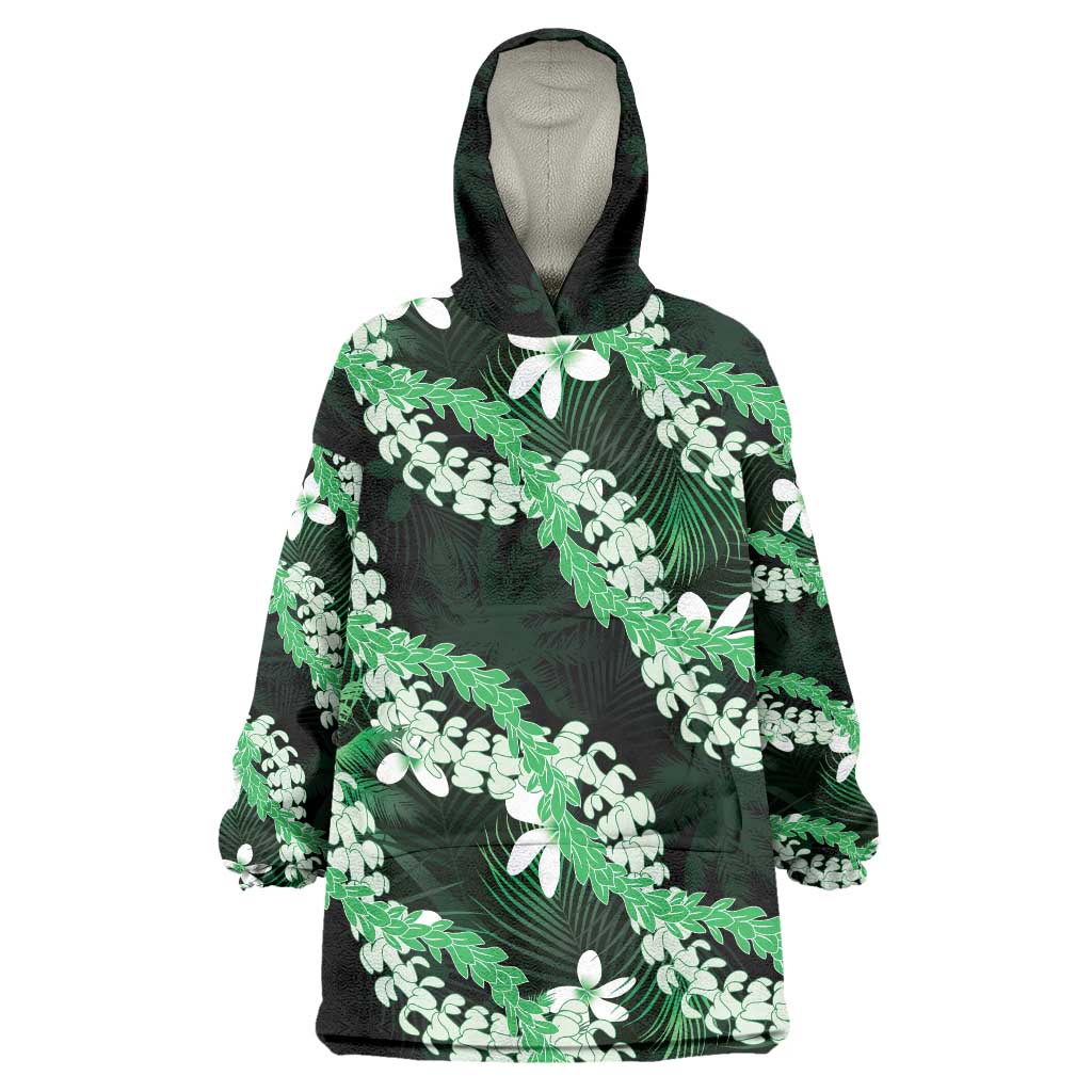 Puakenikeni Maile Lei Wearable Blanket Hoodie Frangipani Green Tropical Leaves