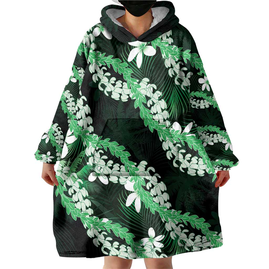 Puakenikeni Maile Lei Wearable Blanket Hoodie Frangipani Green Tropical Leaves