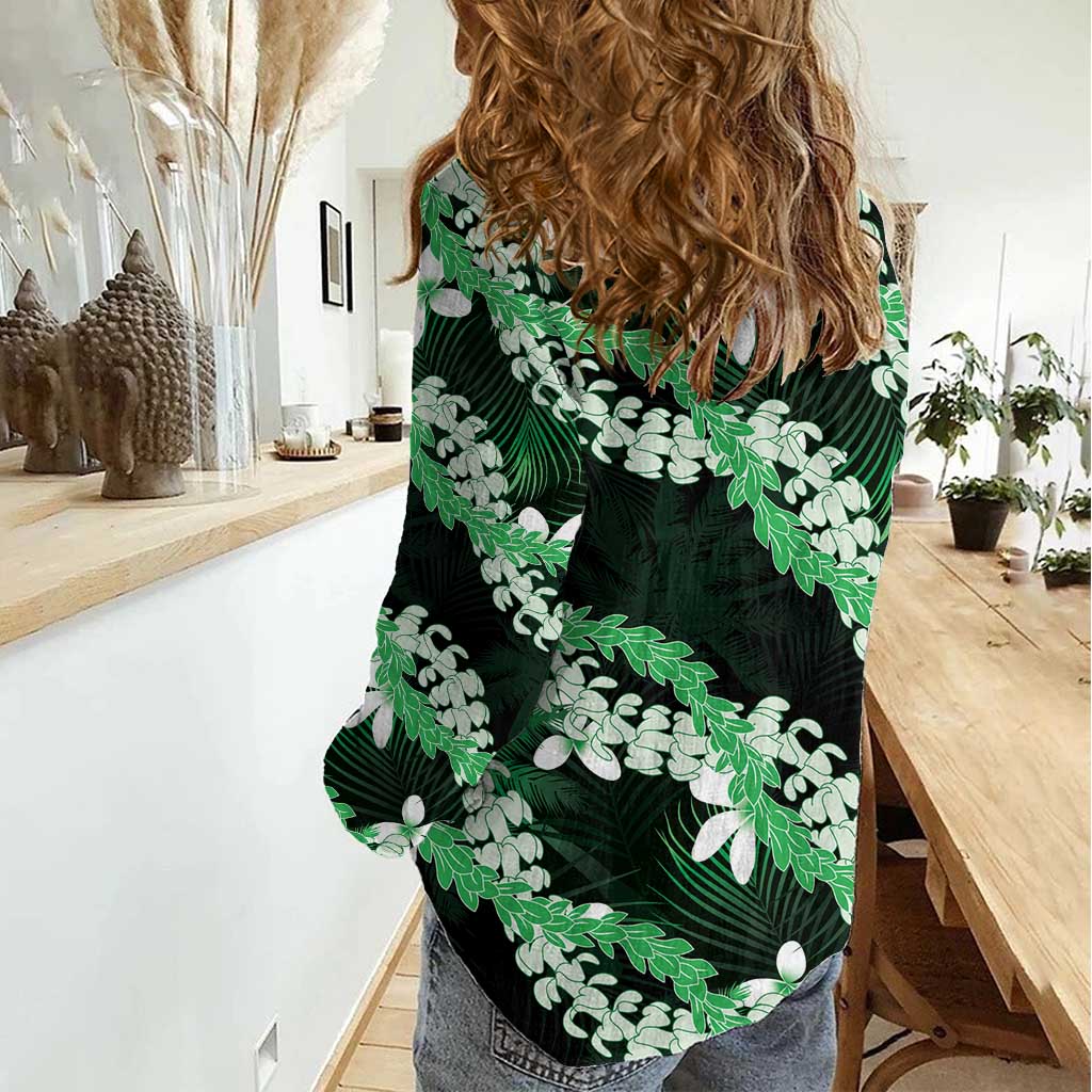 Puakenikeni Maile Lei Women Casual Shirt Frangipani Green Tropical Leaves