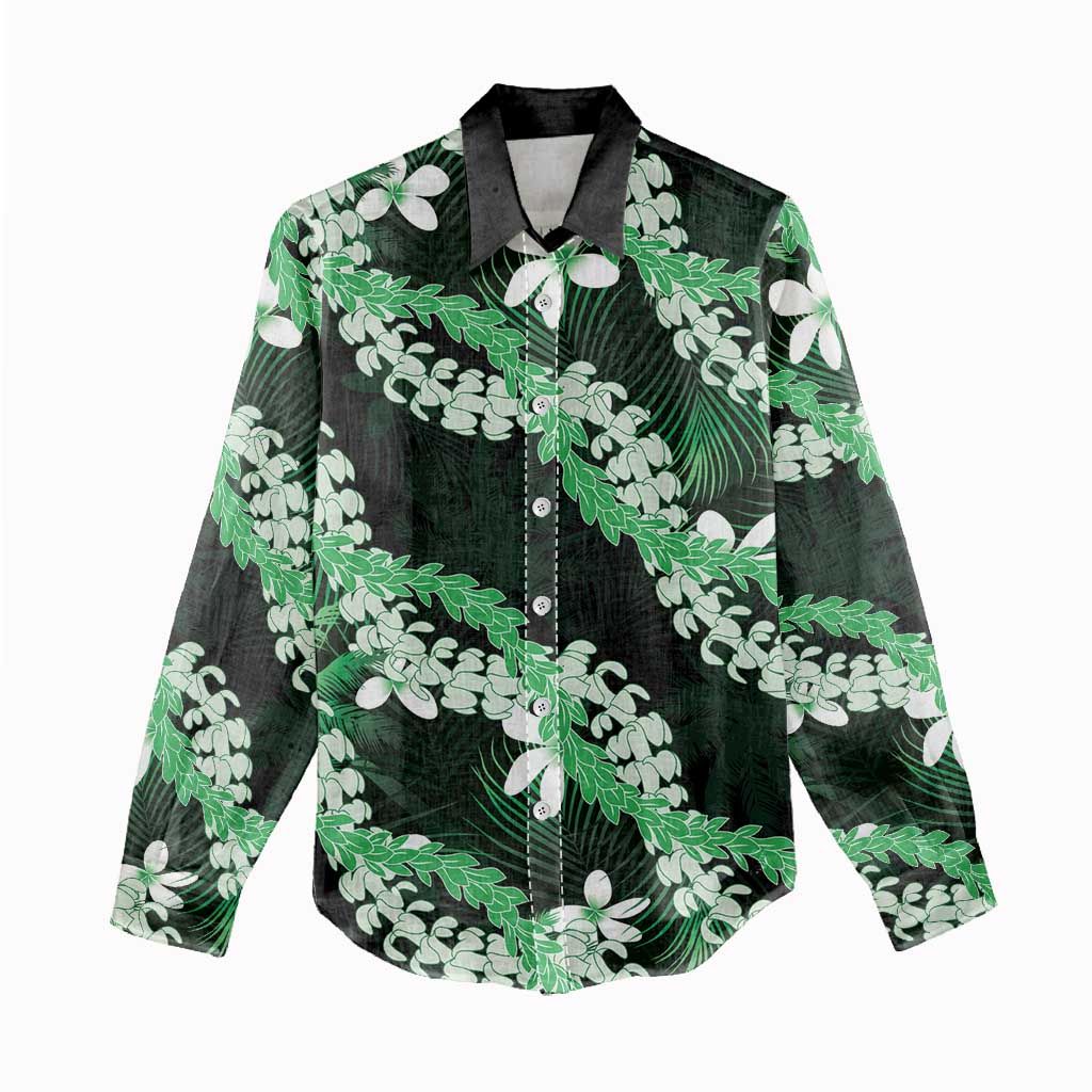 Puakenikeni Maile Lei Women Casual Shirt Frangipani Green Tropical Leaves