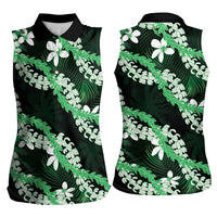 Puakenikeni Maile Lei Women Sleeveless Polo Shirt Frangipani Green Tropical Leaves