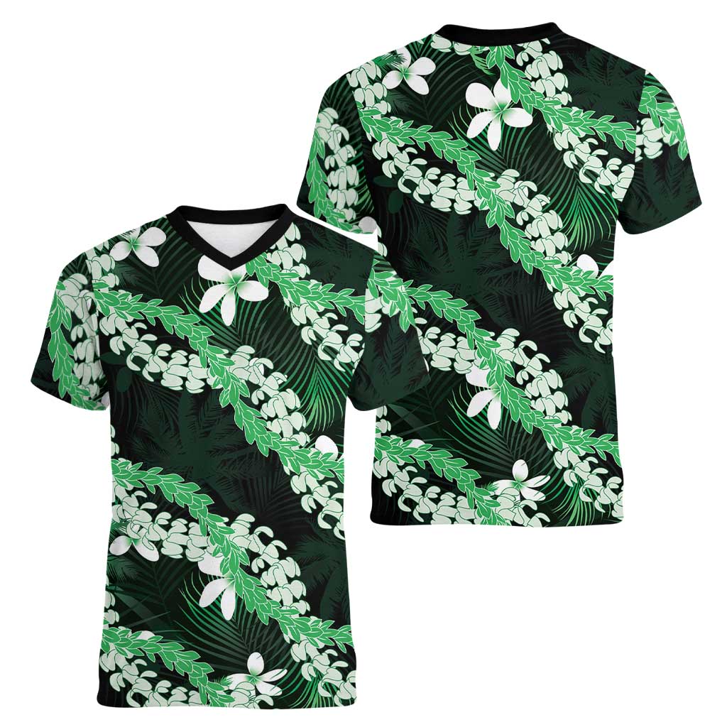 Puakenikeni Maile Lei Women V-Neck T-Shirt Frangipani Green Tropical Leaves
