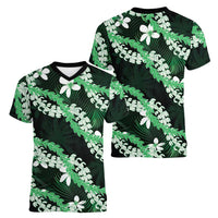 Puakenikeni Maile Lei Women V-Neck T-Shirt Frangipani Green Tropical Leaves