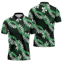 Puakenikeni Maile Lei Zipper Polo Shirt Frangipani Green Tropical Leaves LT01 - Polynesian Pride
