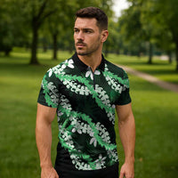 Puakenikeni Maile Lei Zipper Polo Shirt Frangipani Green Tropical Leaves LT01 - Polynesian Pride