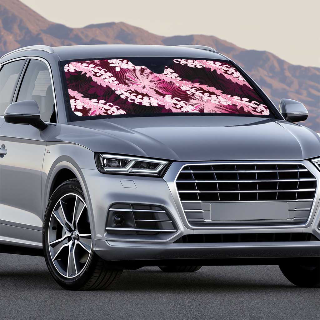 Puakenikeni Maile Lei Auto Sun Shade Frangipani Pink Tropical Leaves