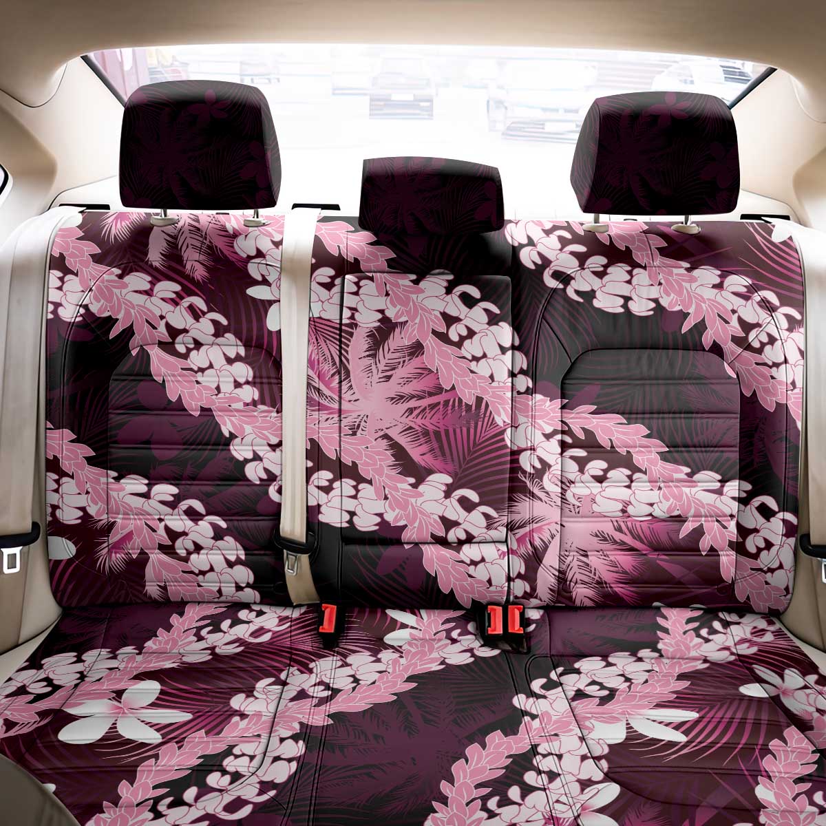 Puakenikeni Maile Lei Back Car Seat Cover Frangipani Pink Tropical Leaves LT01 - Polynesian Pride